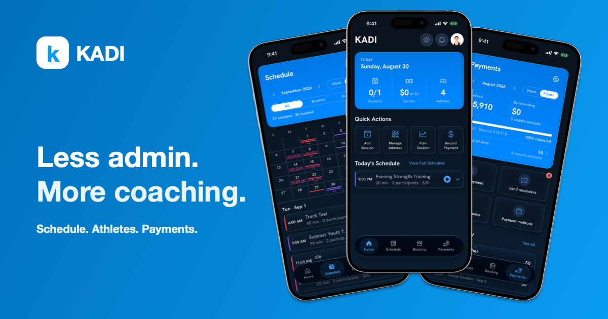 KADI branding and three published phone UI screenshots for schedule, home and payments