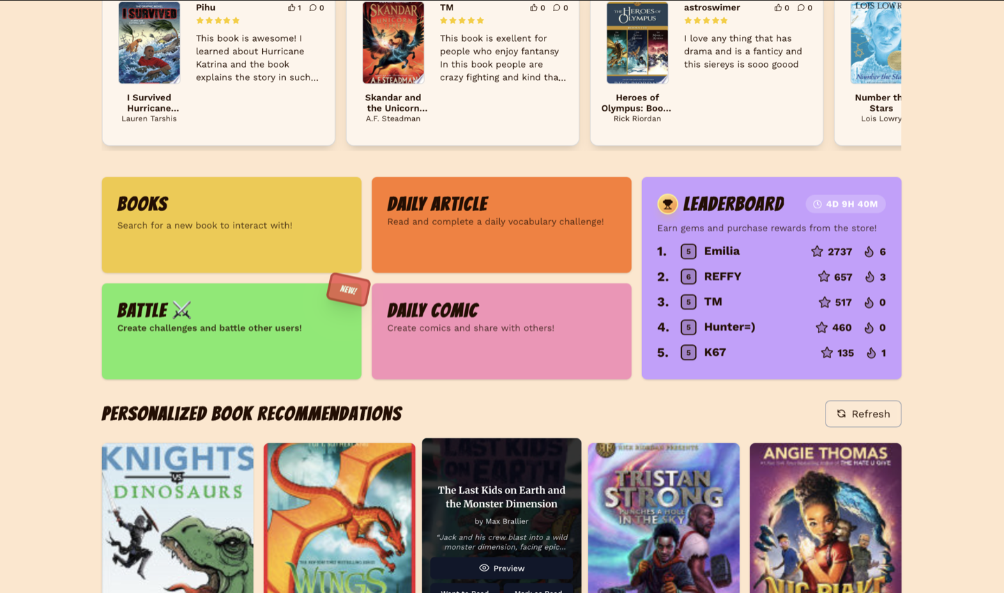 Real reading dashboard with colorful activity cards, leaderboard and book recommendations