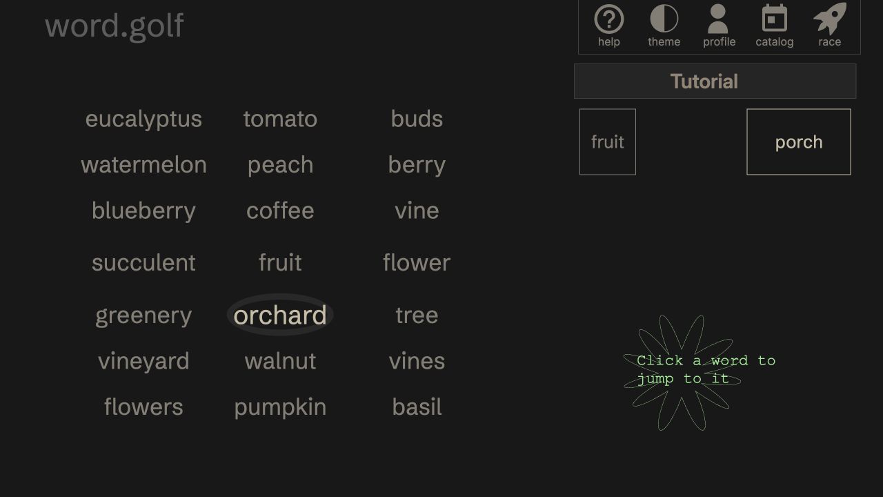 Actual word-neighbor game board and fruit-to-porch tutorial
